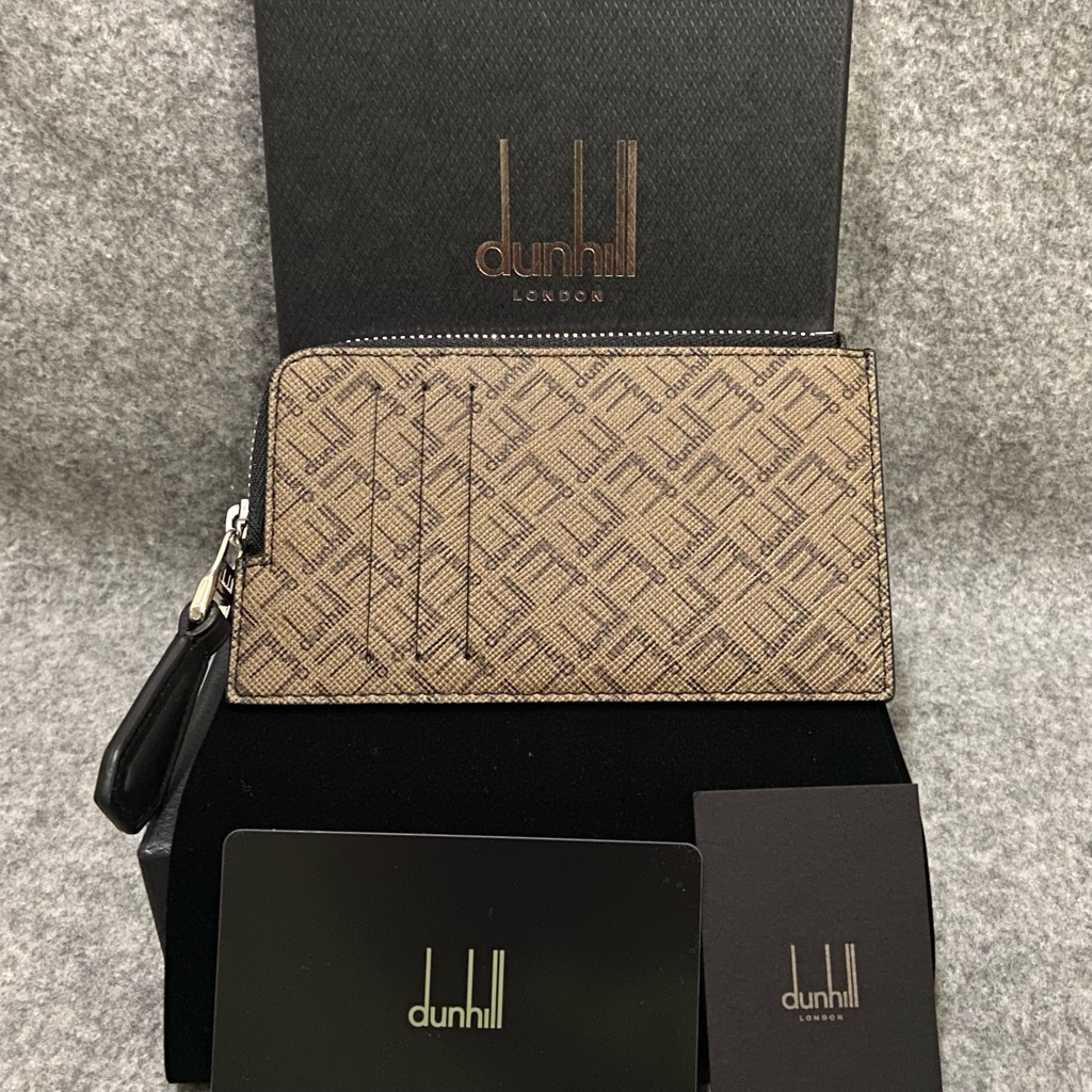 Nwt Dunhill Logo Print Leather Zipper Card Holder Wallet Dark Beige